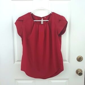 Red Pleated Cap-Sleeve Women's Top